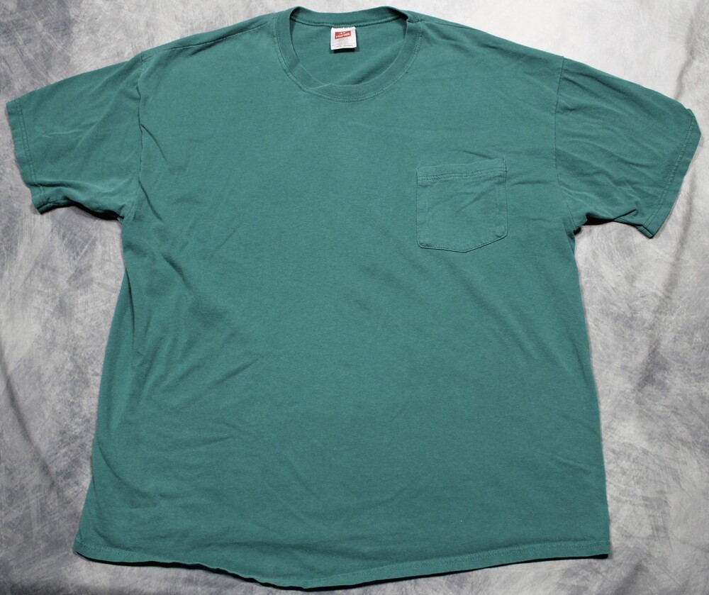 Vintage Hanes Shirt Mens L Green Selvedge Pocket Tee Made USA Crewneck 90s